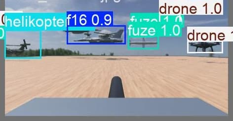 Simulation frame with YOLOv11 detections of helicopters, F-16s, missiles and drones